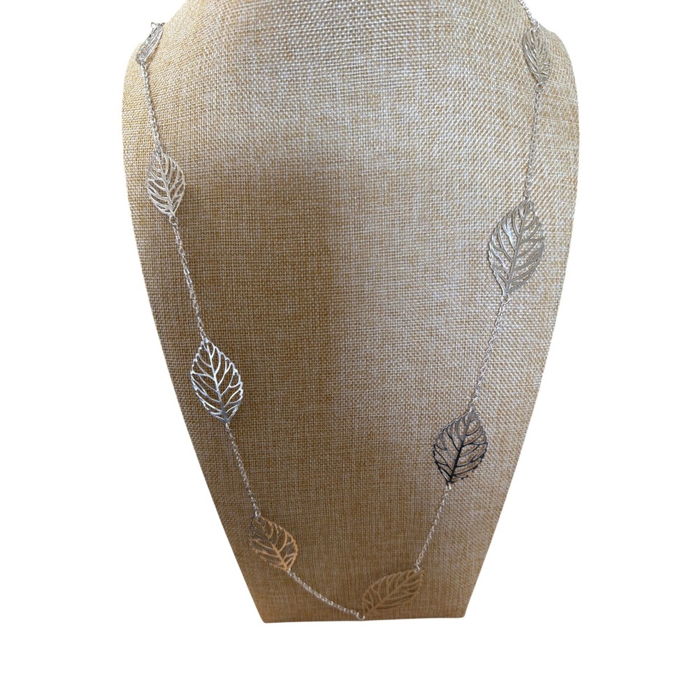 Silver Tone Filigree Leaf Long Chain Layering Necklace  Layering